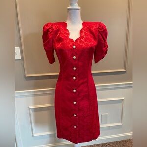 Vintage All That Jazz 7 / 8 red jacquard button down sheath dress 80's prom